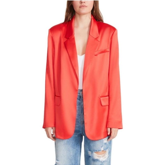 BB Dakota Steve Madden Smooth Talk Blazer Satin Open Front Red XS New Oversized - Picture 2 of 14